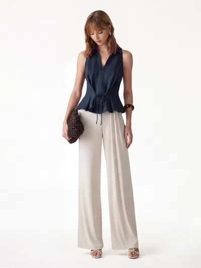 Oglmove 2pcs Set Collared V-neck Top & Mid-rise Wide-leg Lounge Pants In Denim Navy/morning Mist