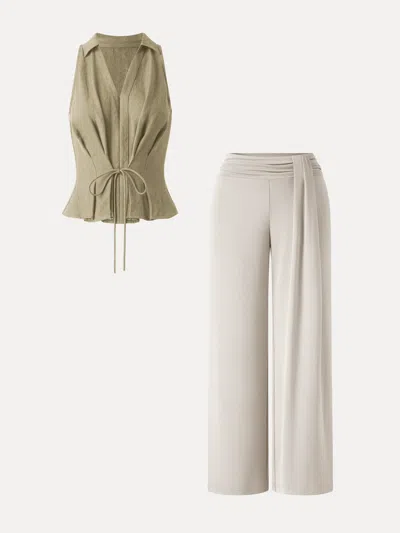 Oglmove 2pcs Set Collared V-neck Top & Mid-rise Wide-leg Lounge Pants In Ecru/morning Mist