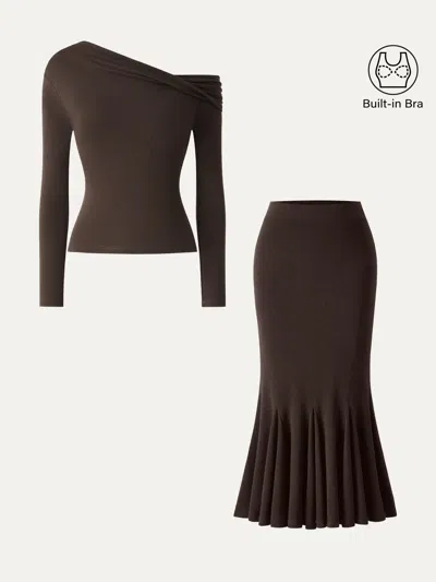 Oglmove 2pcs Set Convertible Neck Bra Top & High-rise Mermaid Midi Skirt In Brown