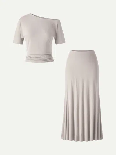 Oglmove 2pcs Set Cooltouch Short Sleeve Top&maxi Flared Skirt In Multi