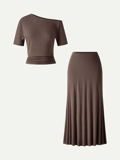 Oglmove 2pcs Set Cooltouch Short Sleeve Top & Maxi Flared Skirt In Multi