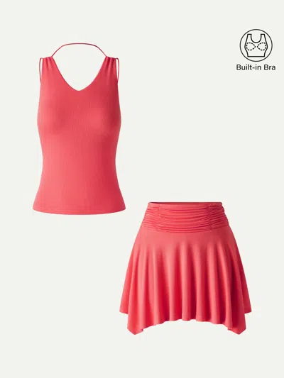 Oglmove 2pcs Set Cooltouch Spaghetti Brami & Playful Mini Skirt In Red
