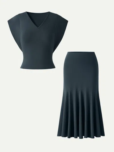 Oglmove 2pcs Set Cotton Lyocell V-neck Summer Tee & Flowy Flared Midi Skirt