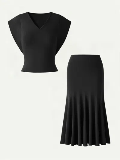 Oglmove 2pcs Set Cotton Lyocell V-neck Summer Tee & Flowy Flared Midi Skirt In Black