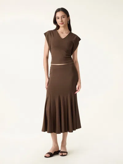 Oglmove 2pcs Set Cotton Lyocell V-neck Summer Tee & Flowy Flared Midi Skirt In Brown
