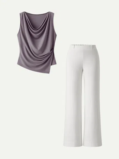 Oglmove 2pcs Set Cowl Asymmetrical Tucked Top & Wide Leg Pants With Pockets