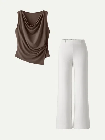 Oglmove 2pcs Set Cowl Asymmetrical Tucked Top & Wide Leg Pants With Pockets