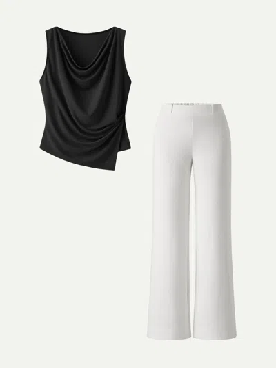 Oglmove 2pcs Set Cowl Asymmetrical Tucked Top & Wide Leg Pants With Pockets In Multi