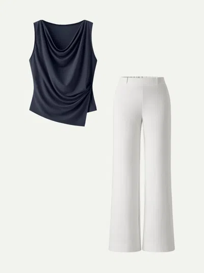 Oglmove 2pcs Set Cowl Asymmetrical Tucked Top & Wide Leg Pants With Pockets In Multi