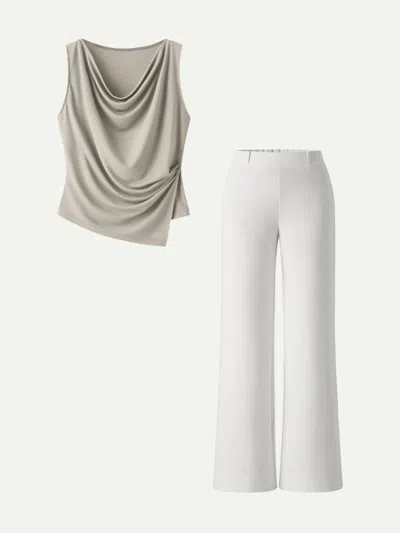 Oglmove 2pcs Set Cowl Asymmetrical Tucked Top & Wide Leg Pants With Pockets In White