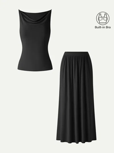 Oglmove 2pcs Set Cowl Neck Bra Tank & A-line Maxi Skirt With Pockets In Black