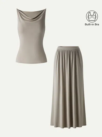 Oglmove 2pcs Set Cowl Neck Bra Tank & A-line Maxi Skirt With Pockets In Green