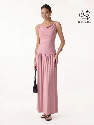 Oglmove 2pcs Set Cowl Neck Bra Tank & A-line Maxi Skirt With Pockets In Pink