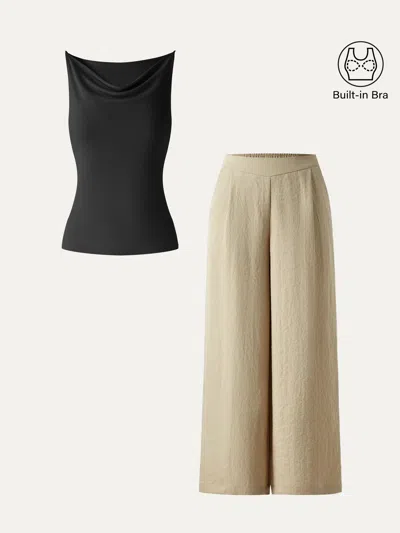 Oglmove 2pcs Set Cowl Neck Bra Tank & Mid Rise Wide Leg Pant With Pockets In Black/ecru