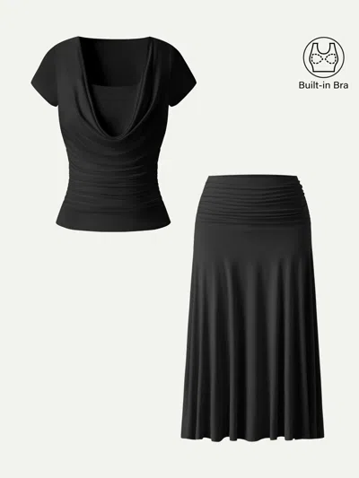 Oglmove 2pcs Set Cowl Neck Ruched Bra Top & Side Ruched A-line Midi Skirt In Black
