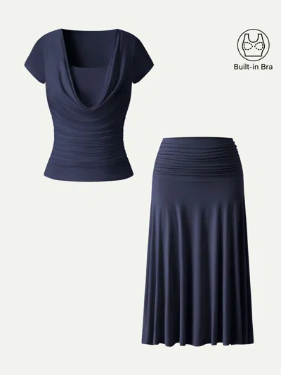 Oglmove 2pcs Set Cowl Neck Ruched Bra Top & Side Ruched A-line Midi Skirt In Blue