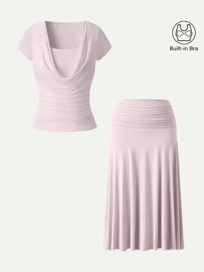 Oglmove 2pcs Set Cowl Neck Ruched Bra Top & Side Ruched A-line Midi Skirt In Pink