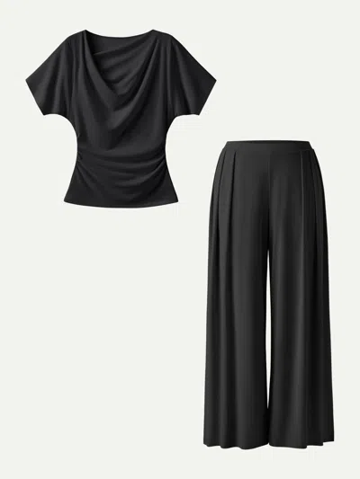 Oglmove 2pcs Set Cowl Neck Ruched Top & Wide Leg Palazzo Pant With Pockets In Black