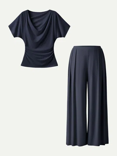 Oglmove 2pcs Set Cowl Neck Ruched Top & Wide Leg Palazzo Pant With Pockets In Blue