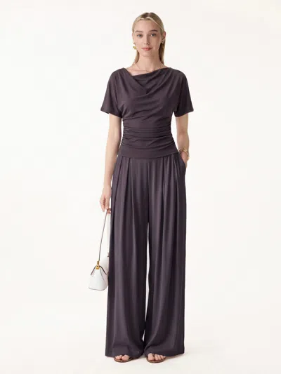 Oglmove 2pcs Set Cowl Neck Ruched Top & Wide Leg Palazzo Pant With Pockets In Brown