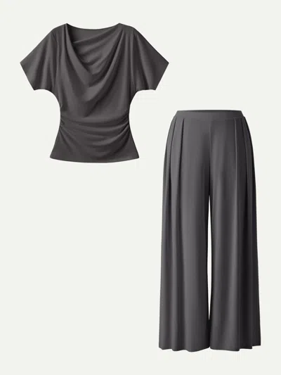 Oglmove 2pcs Set Cowl Neck Ruched Top & Wide Leg Palazzo Pant With Pockets In Gray