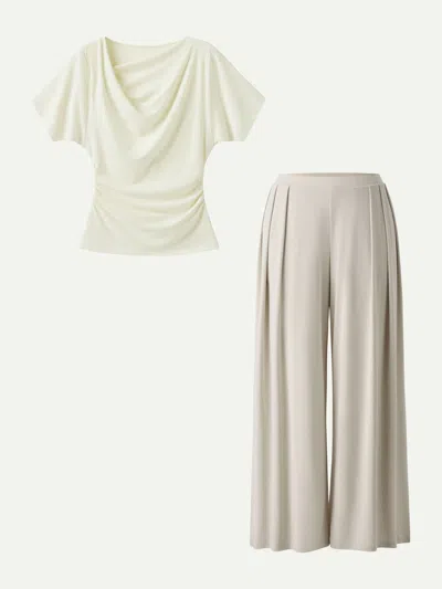 Oglmove 2pcs Set Cowl Neck Ruched Top & Wide Leg Palazzo Pant With Pockets In Multi