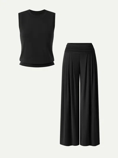 Oglmove 2pcs Set Crew Neck Top & Flowy Tucked Palazzo Pant With Pockets In Black