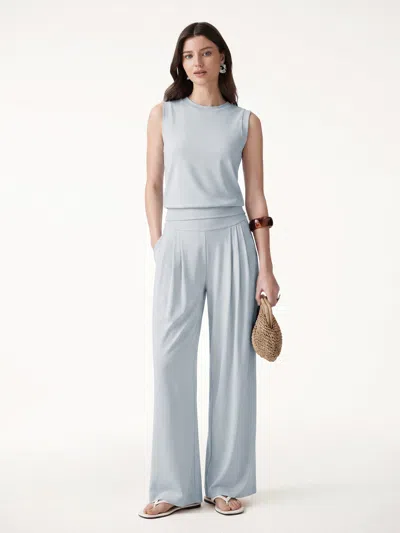 Oglmove 2pcs Set Crew Neck Top & Flowy Tucked Palazzo Pant With Pockets In Blue