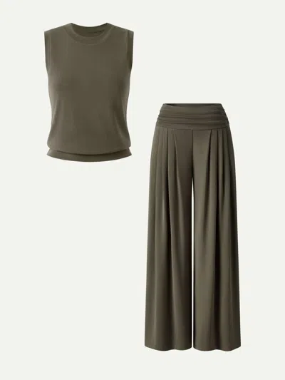Oglmove 2pcs Set Crew Neck Top & Flowy Tucked Palazzo Pant With Pockets In Green