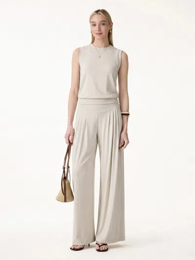 Oglmove 2pcs Set Crew Neck Top & Flowy Tucked Palazzo Pant With Pockets In White