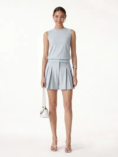 Oglmove 2pcs Set Crew Neck Top & High Rise A-line Pleated Shorts In Blue