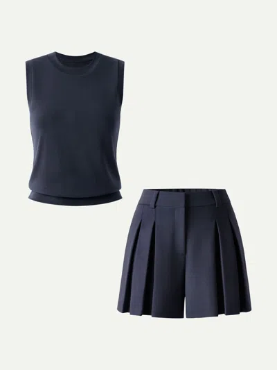 Oglmove 2pcs Set Crew Neck Top & High Rise A-line Pleated Shorts In Blue