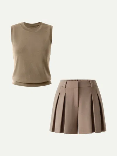Oglmove 2pcs Set Crew Neck Top & High Rise A-line Pleated Shorts In Brown