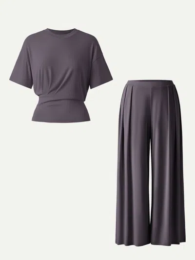 Oglmove 2pcs Set Crewneck Short Sleeve Tee & Mid Rise Pleated Wide Leg Pants With Pockets