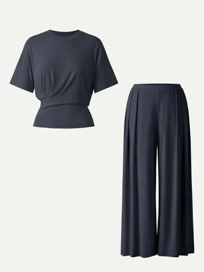 Oglmove 2pcs Set Crewneck Short Sleeve Tee & Mid Rise Pleated Wide Leg Pants With Pockets In Blue