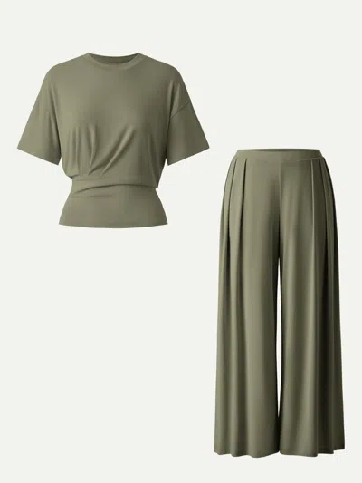 Oglmove 2pcs Set Crewneck Short Sleeve Tee & Mid Rise Pleated Wide Leg Pants With Pockets In Green