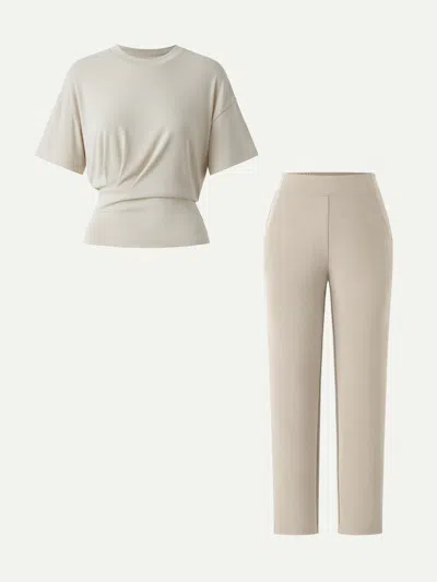 Oglmove 2pcs Set Crewneck Tucked Tee & Mid Rise Tapered Pants With Pockets