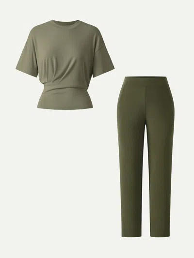 Oglmove 2pcs Set Crewneck Tucked Tee & Mid Rise Tapered Pants With Pockets