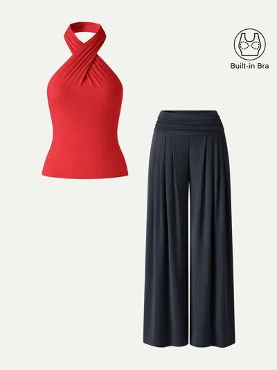 Oglmove 2pcs Set Criss Cross Bra Top & Tucked Palazzo Pants With Pockets In Black