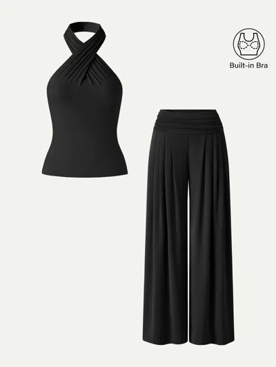 Oglmove 2pcs Set Criss Cross Bra Top & Tucked Palazzo Pants With Pockets In Black