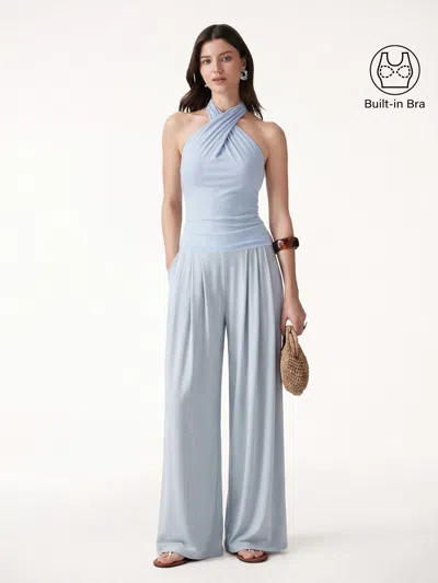 Oglmove 2pcs Set Criss Cross Bra Top & Tucked Palazzo Pants With Pockets In Blue