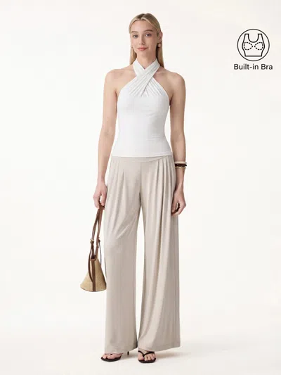 Oglmove 2pcs Set Criss Cross Bra Top & Tucked Palazzo Pants With Pockets In Neutral