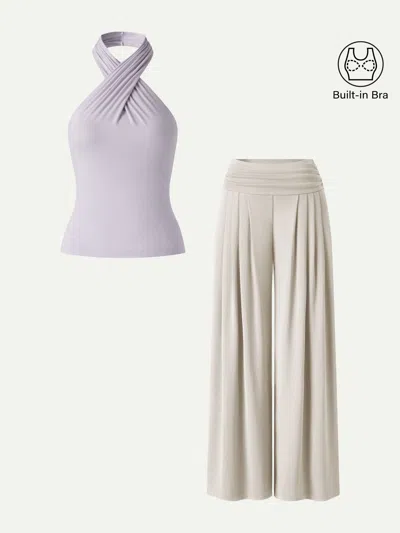 Oglmove 2pcs Set Criss Cross Bra Top & Tucked Palazzo Pants With Pockets In Neutral