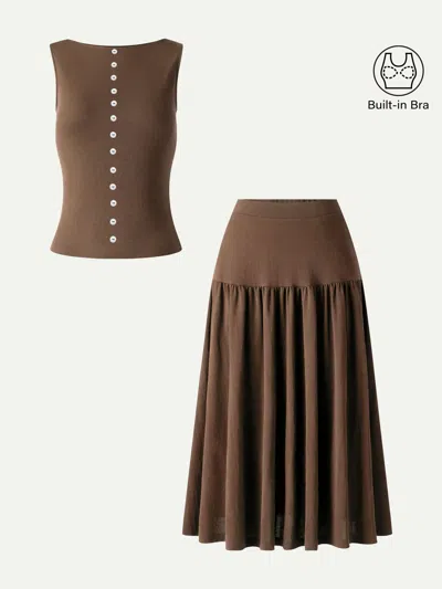 Oglmove 2pcs Set Cropped Bra Top & Midi Skirt With Pockets In Brown
