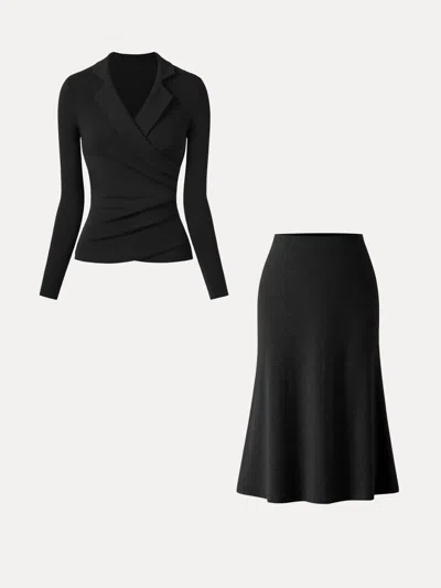Oglmove 2pcs Set Eco-mousse® Collared Surplice Top & Soft Thermal Pull-on Midi Skirt In Black