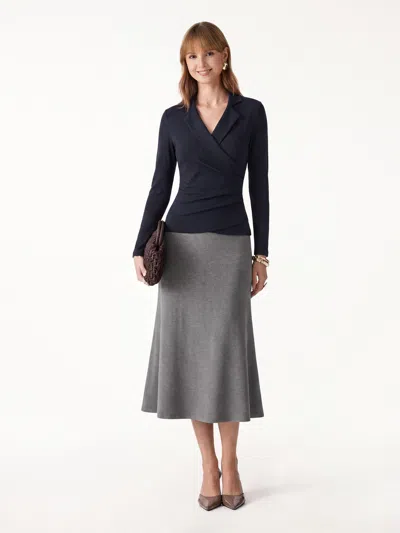 Oglmove 2pcs Set Eco-mousse® Collared Surplice Top & Soft Thermal Pull-on Midi Skirt In Midnight Navy/heather Carbon