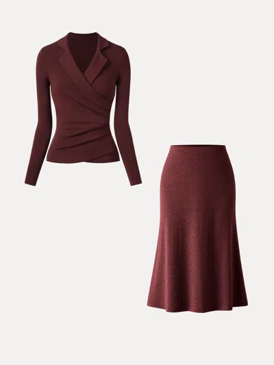 Oglmove 2pcs Set Eco-mousse® Collared Surplice Top & Soft Thermal Pull-on Midi Skirt In Ruby/ancora