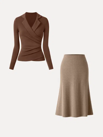 Oglmove 2pcs Set Eco-mousse® Collared Surplice Top & Soft Thermal Pull-on Midi Skirt In Sweet Hazelnut/brunette
