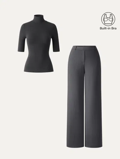 Oglmove 2pcs Set Elbow Length Sleeve Bra Top & High-rise Wide Leg Pants In Blue Charcoal/bush Grey