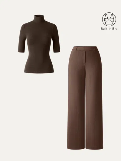 Oglmove 2pcs Set Elbow Length Sleeve Bra Top & High-rise Wide Leg Pants In Espresso/mocha Brown